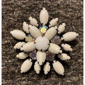 Vintage White Milk Glass Starbust Brooch Pin, White Rhinestones Juliana Style